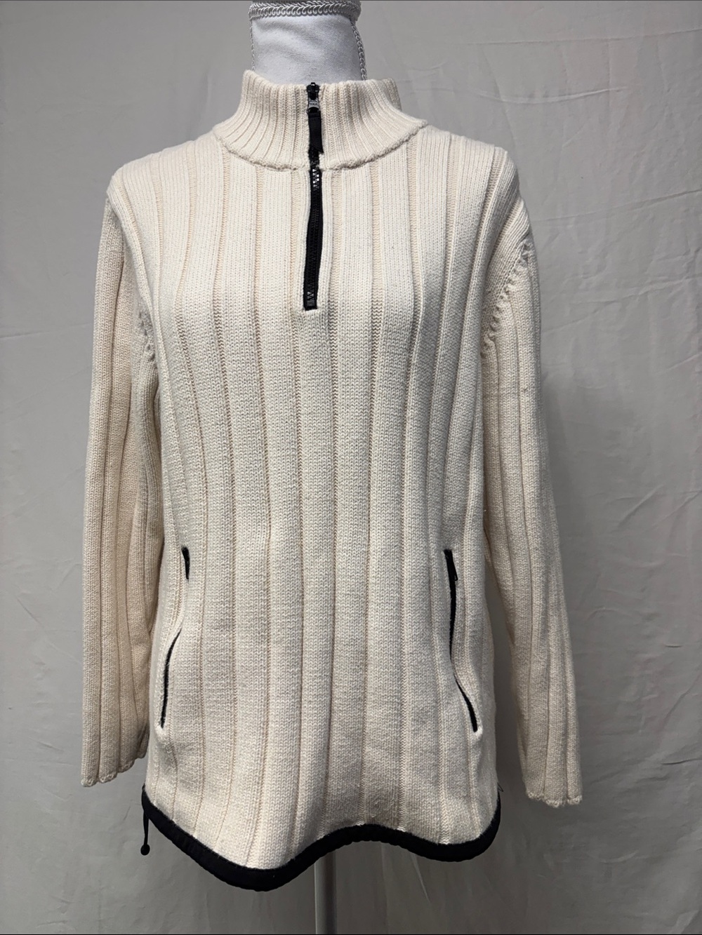 Jones New York Cream Ribbed Half-Zip Sweater with Black Trim